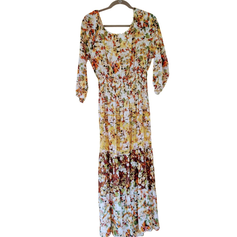 Anthropologie Fig & Flower Floral Tiered Maxi Dress M Cottagecore Boho Smocked - Picture 4 of 5